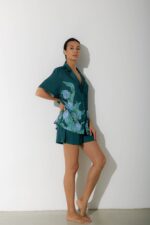 Photo Green satin pajamas short sleeve shirt and shorts