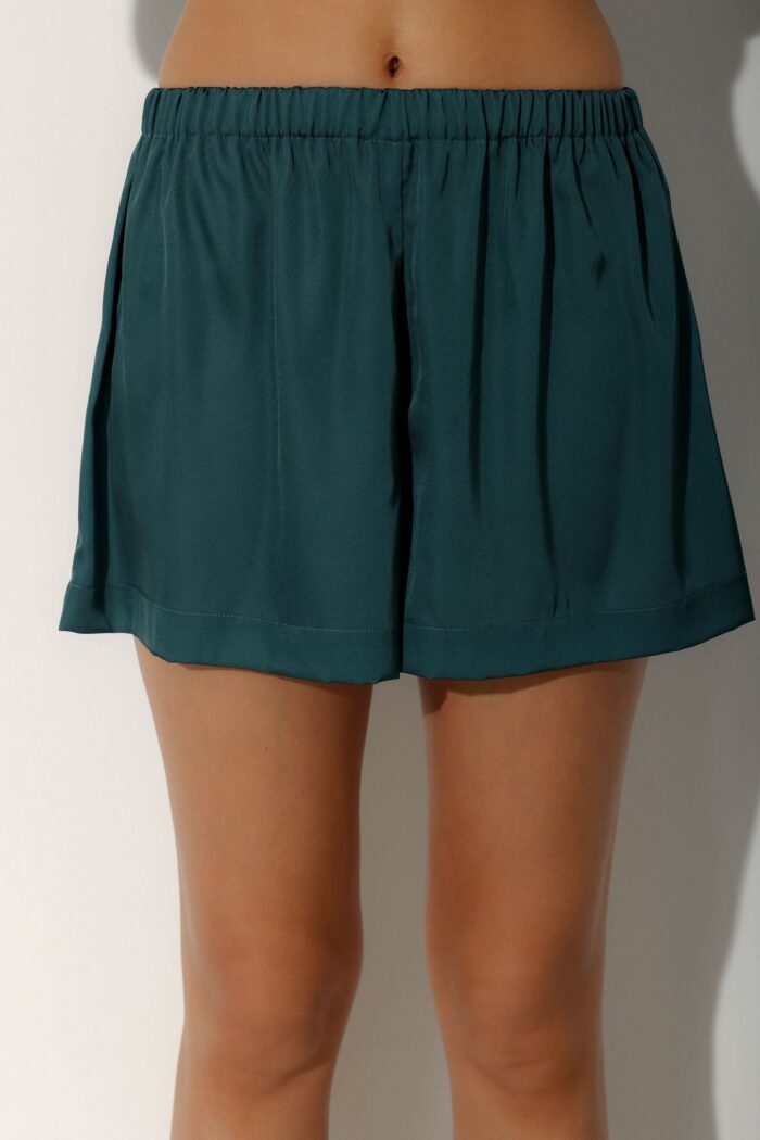 Photo Green satin pajamas short sleeve shirt and shorts